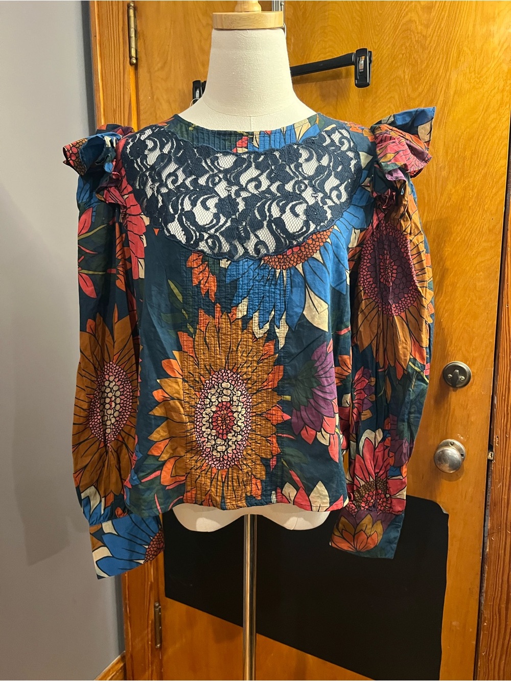 FARM Rio Navy Floral Lace Yoke Blouse